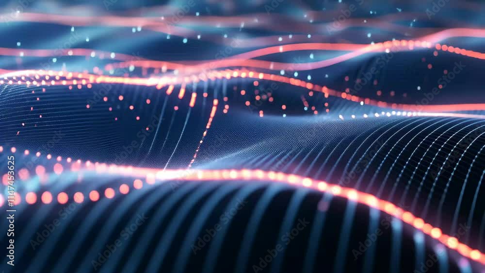 Poster a mesmerizing display of glowing particles flows across a dark, undulating landscape, evoking a sens