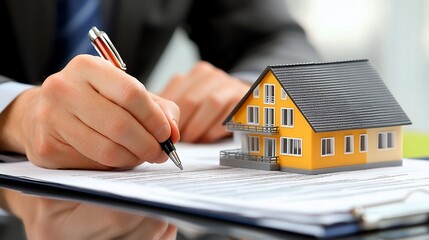 A hand signs a document with a miniature house, symbolizing real estate transactions.