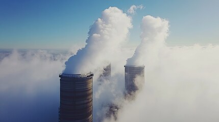 Obraz premium Dynamic aerial view of cooling towers with steam clouds blending into the blue sky