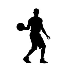 Silhouette of Basketball Player Dribbling Ball, Black silhouette of a basketball player in motion, dribbling a ball, isolated on a white background.

