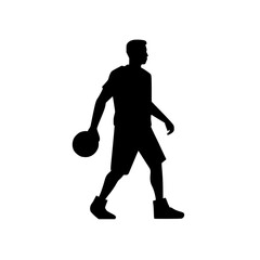 Silhouette of Basketball Player Dribbling Ball, Black silhouette of a basketball player in motion, dribbling a ball, isolated on a white background.

