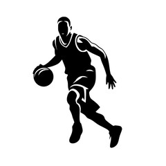Silhouette of Basketball Player Dribbling Ball, Black silhouette of a basketball player in motion, dribbling a ball, isolated on a white background.

