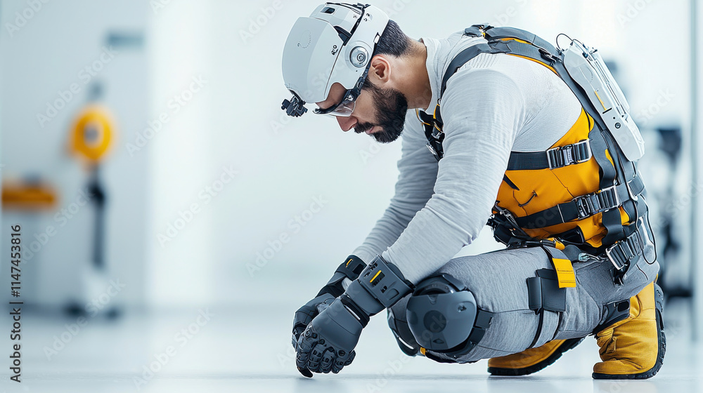 Fototapete Engineer working on robotics technology, wearing high tech exoskeleton suit. Focused on precision tasks in modern workspace, showcasing innovation and advanced engineering