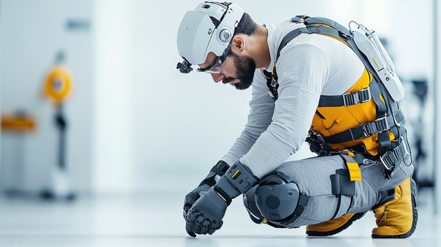 Engineer working on robotics technology, wearing high tech exoskeleton suit. Focused on precision tasks in modern workspace, showcasing innovation and advanced engineering
