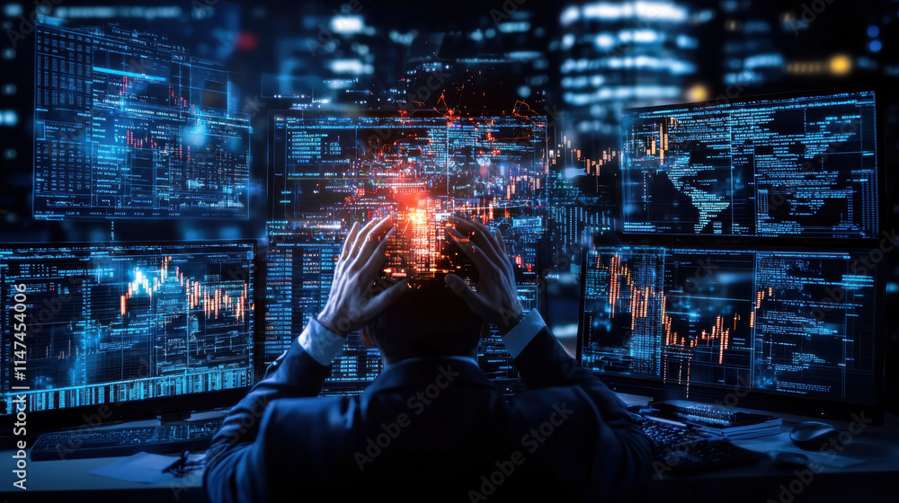 Leinwandbilder financial analyst overwhelmed by data, analyzing multiple screens at night. glowing graphs and chart