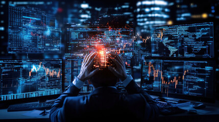 financial analyst overwhelmed by data, analyzing multiple screens at night. glowing graphs and charts reflect intensity of financial market