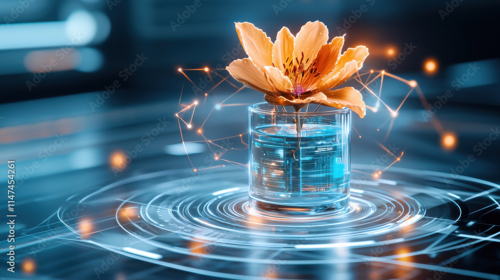Poster high resolution image of flower vase with vibrant flower, surrounded by digital elements and glowing