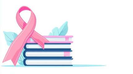 Fototapeta premium Awareness Ribbon and Stack of Books Representing Education and Support for Cancer Awareness and Research Initiatives