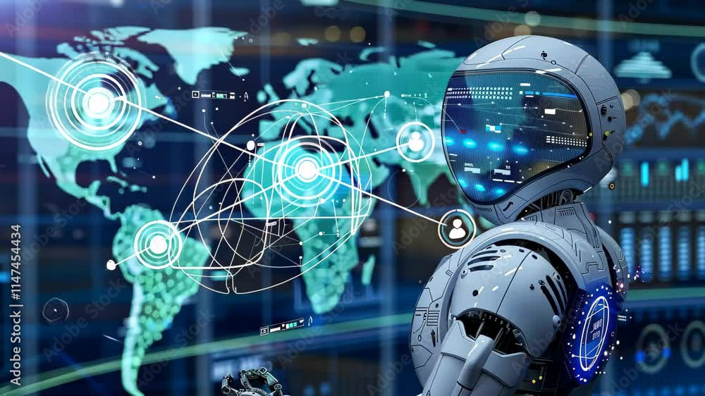 Poster a robot stands in a high-tech lab, analyzing a glowing digital globe while surrounded by screens dis