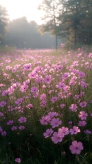Obraz premium A breathtaking field of pink flowers swaying gently in the morning light, creating a serene and peaceful atmosphere amidst a soft, dreamy backdrop of trees.