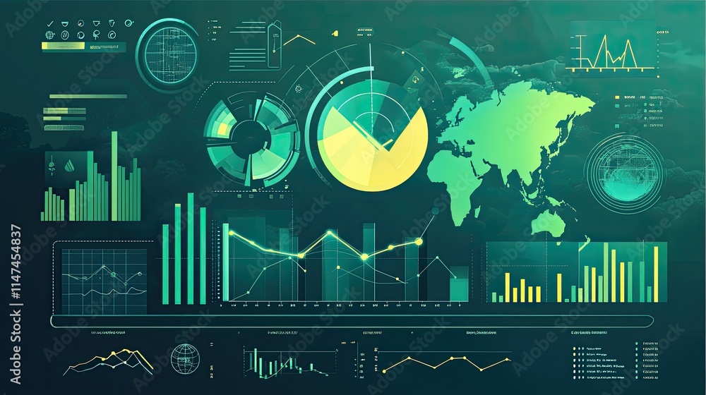 Poster futuristic cost report dashboard for carbon offsets with dynamic charts and eco-friendly graphics