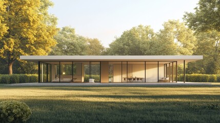 Obraz premium Modern glass house in a sunny forest setting.