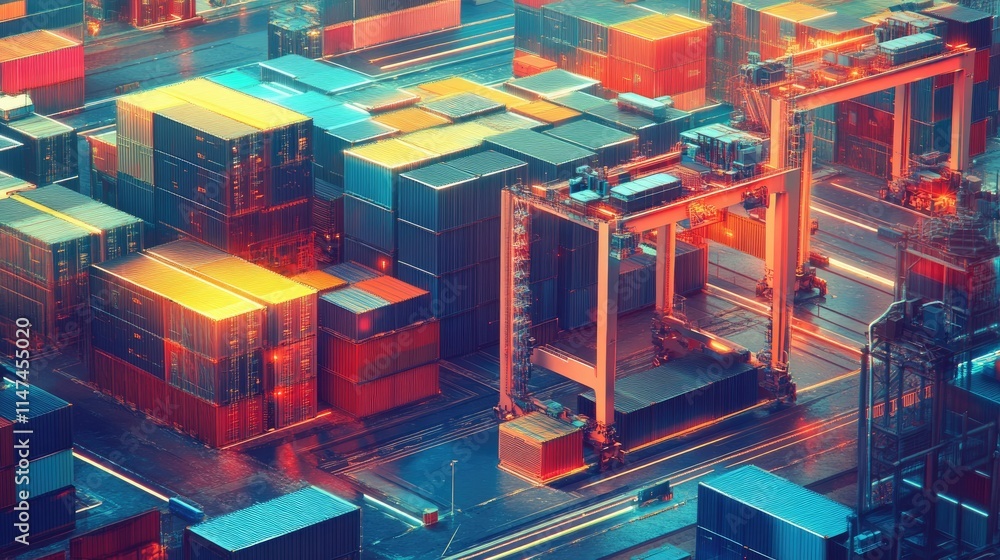 Poster futuristic design showcasing a digital grid of container orchestration systems with layered infrastr