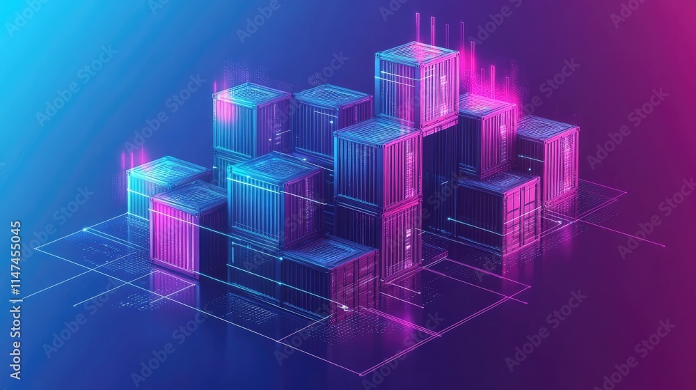 Poster futuristic design showcasing a digital grid of container orchestration systems with layered infrastr