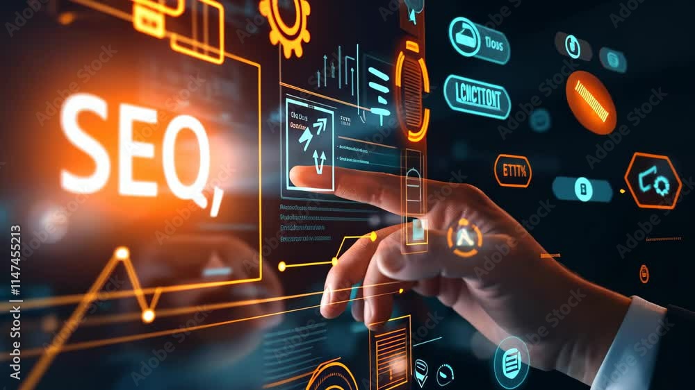 Poster a hand reaches out to engage with dynamic icons that highlight seo methods, showcasing cutting-edge 