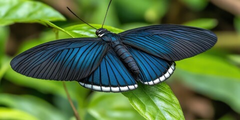 Captivating Close-Up of a Vibrant Blue Butterfly on Green Leaves in a Lush Tropical Forest Macro Nature Exploration Serene Environment Natural Beauty