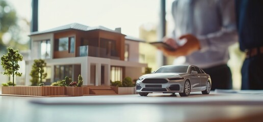 Fototapeta premium A model house and car on a table, suggesting real estate and automotive planning.