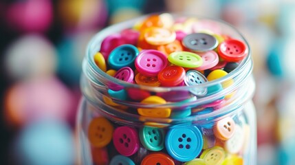 A glass jar filled with colorful buttons.