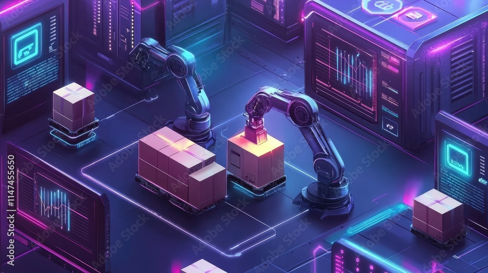 Poster futuristic logistics management system with robotic arms packing boxes and dynamic dashboards