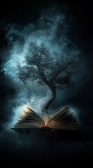 Obraz premium A mystical book opens to reveal a tree emerging from its pages, surrounded by ethereal smoke and a dark atmosphere.