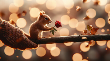 cute squirrel holding red rose on branch, surrounded by soft bokeh lights and autumn leaves, creating whimsical and enchanting atmosphere