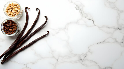 Fototapeta premium Aromatic Vanilla Beans and Nuts on Marble: Exquisite Ingredients, Culinary Delights Await!