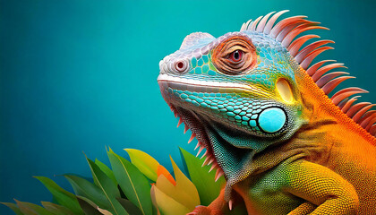 Obraz premium Vibrant iguana rests amid colorful tropical foliage.