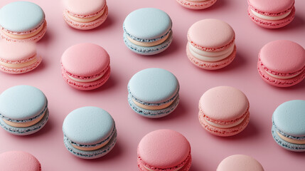 Obraz premium Delicious pastel macarons arranged on pink background, showcasing variety of colors and flavors. These sweet treats are perfect for any celebration or dessert table