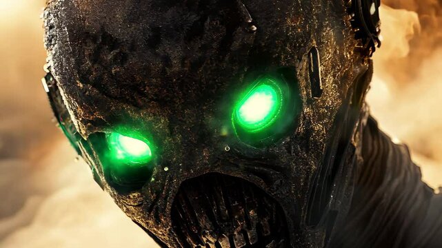 Demonic alien soldier with glowing green eyes in a desolate desert landscape, Demonic alien soldier in desert glowing green eyes