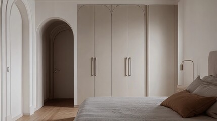Minimalist bedroom with arched doorways and built-in wardrobe.