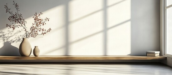 Minimalist Interior Design: Sunlight Illuminates Simple Vase Arrangement on Wooden Shelf