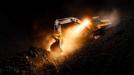 Excavator working in a dark, dusty environment.