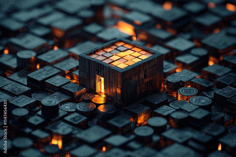 Poster artistic display of wooden block structure with glowing coins abstract art installation creative env