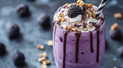 Delicious blackberry milkshake topped with whipped cream, chocolate syrup, and walnuts.