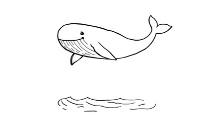 Fototapeta premium “Playful Whale Spouting Water Outline Only, No Fill Color, Thicker Line” – A doodle of a happy whale spouting water from its blowhole, drawn in thick lines with no fill color on a white background. 