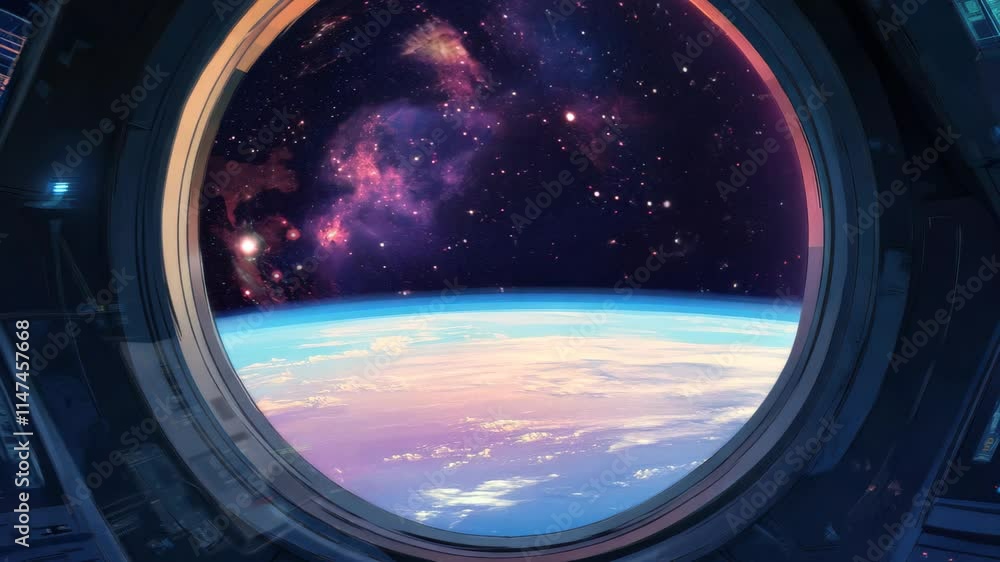 Poster vivid space view from a spaceship window showcasing distant galaxies and the earthâ€™s atmosphere, a