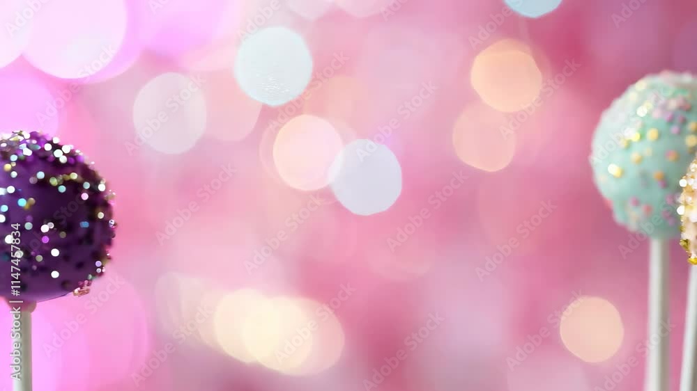 Poster glittery cake pops on sticks with a colorful bokeh background create a festive dessert display, glit