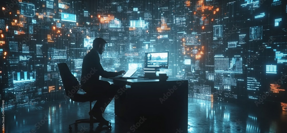 Poster a person working at a desk surrounded by digital data visualizations.