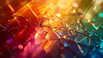 close-up of shattered glass shards reflecting and refracting ethereal cosmic colors, with light beams streaming through them, creating a sense of motion and abstraction.