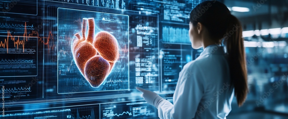 Poster a scientist analyzing a 3d holographic heart model in a futuristic lab.