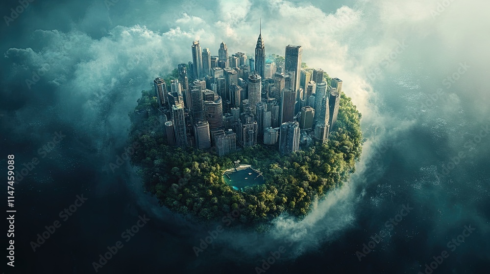 Poster earth with its surface covered in lofty structures. a planet with buildings all over it.