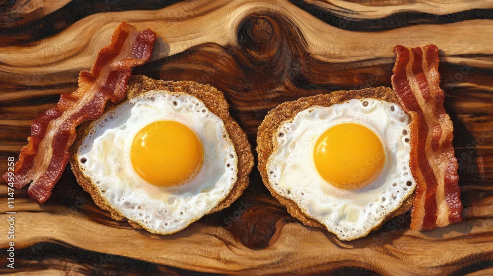 Poster two fried eggs with bacon on toast, overhead view.