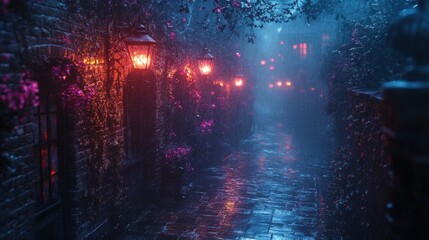 Rainy night, cobblestone street, glowing lanterns.