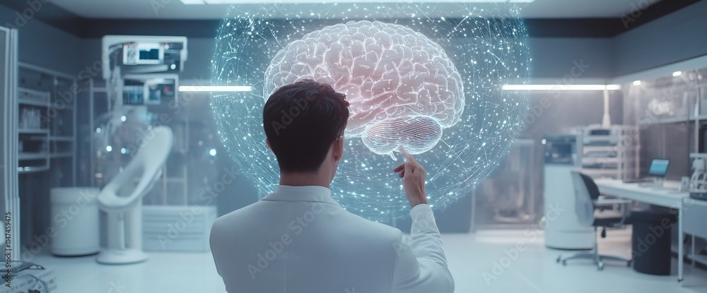 Poster A scientist interacts with a holographic brain display in a futuristic lab.