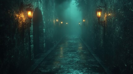 Foggy, dark alley; ancient lanterns illuminate wet cobblestones.