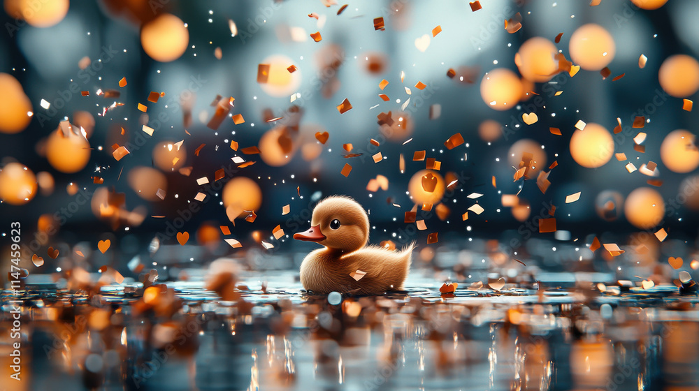 Aufkleber cute rubber duck floats on water surrounded by shimmering confetti and hearts, creating joyful and f