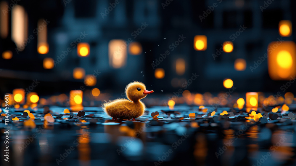 Poster cute yellow duckling stands on reflective surface surrounded by glowing lanterns and petals, creating magical nighttime scene