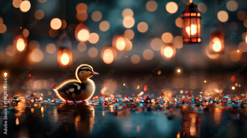 Poster cute duckling stands on reflective surface surrounded by colorful confetti and glowing lanterns, creating magical and serene atmosphere