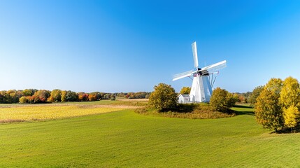 Obraz premium Historic white windmill standing in a vibrant green field surrounded by colorful autumn trees under a clear blue sky.