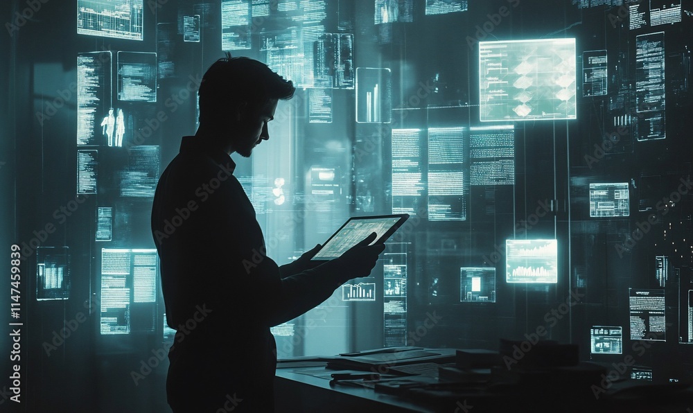 Poster a silhouetted figure interacts with digital data in a high-tech environment.